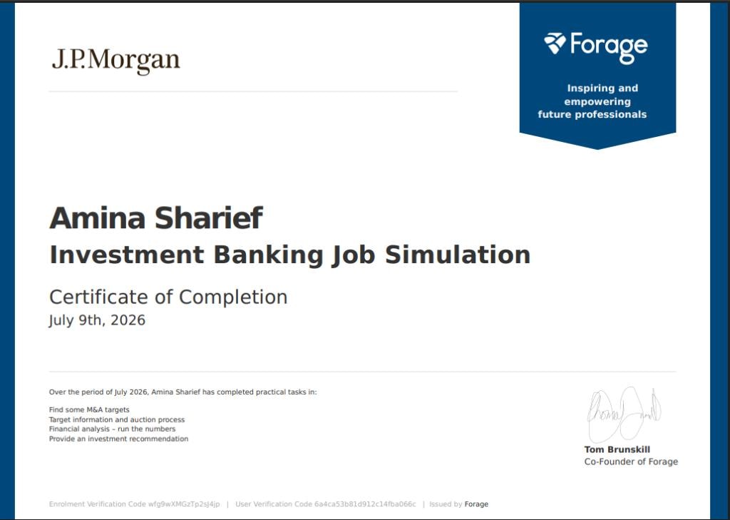 J.P. Morgan Investment Banking Job Simulation certificate