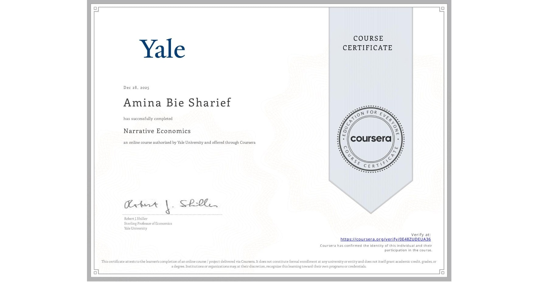 Yale Narrative Economics certificate